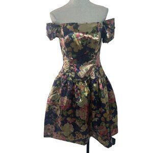 Vintage 1980s 90s Womens Dress Size S Multicolor Floral Metallic Lame Cocktail